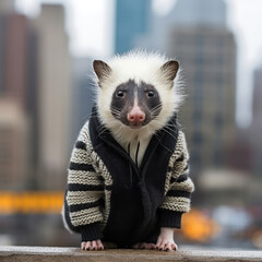 hooded skunk wearing cable knit sweater 
