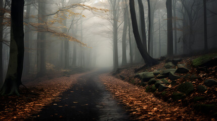 Mysterious autumn forest pathway with a blue-toned atmosphere, pathway between trees leading into a dark and misty forest. Halloween backdrop.