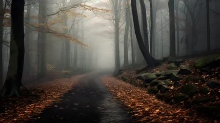 Fototapete Straße im Wald Mysterious autumn forest pathway with a blue-toned atmosphere, pathway between trees leading into a dark and misty forest. Halloween backdrop.