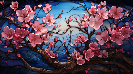 An intricate stained glass design inspired by the delicate beauty of cherry blossom trees in full bloom.