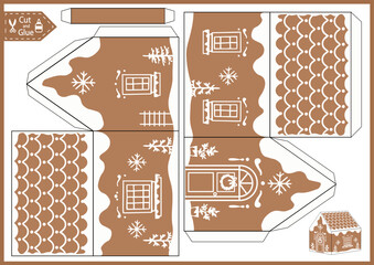 Craft game cut and glue paper 3d gingerbread house. Education kids papercraft Christmas decor. DIY model toys home. Family activity printable page.