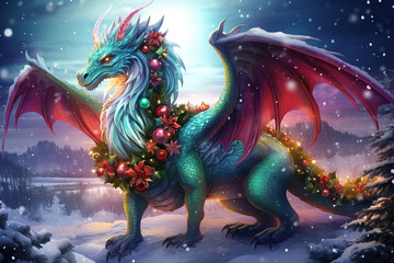 mythical dragon decorated with christmas baubles and flowers in a winter landscape with snowflakes