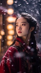 A fictional 18-year-old Chinese girl wears a red kimono on a winter day with snowflakes falling.