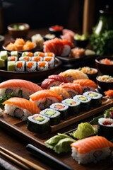 A delicious assortment of sushi on a rustic wooden platter