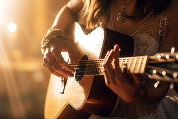 young woman playing guitar, hand focus