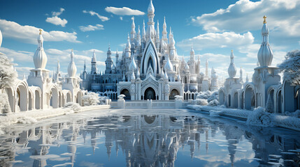An enchanting ice sculpture garden featuring intricate replicas of famous landmarks from around the world, surrounded by a snowy landscape. - obrazy, fototapety, plakaty