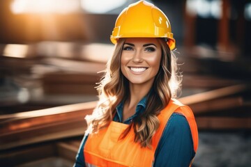 Portrait of woman worker with smiling to camera at manufacturing area. Generative AI