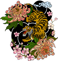 Tiger face sticker vector.Tiger head traditional tattoo.Tiger roaring for printing on T-shirt.