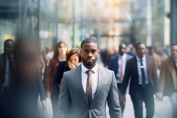 Black Businessman Walking in Modern City, Handsome Man Walks on a Crowded Pedestrian Street,...