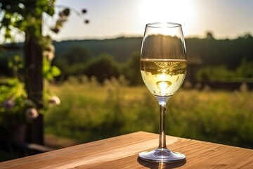 A glass of sparkling champagne stands on a wooden table against a background of nature.