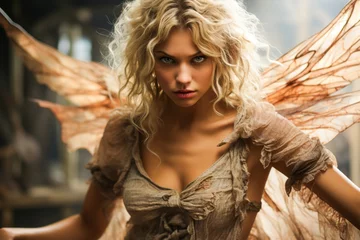Fotobehang Enchanting angry blond fairy showcasing ethereal wings against a neutral background. © XaMaps