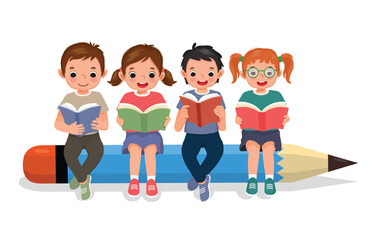 Group of cute happy students reading books together sitting on a big pencil