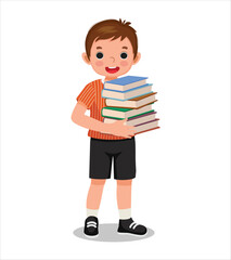 Cute little boy carrying pile of books