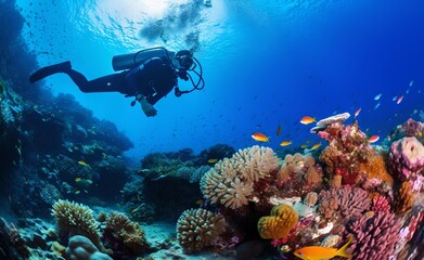 Naklejka na ściany i meble Scuba diving in tropical ocean coral reef sea under water.