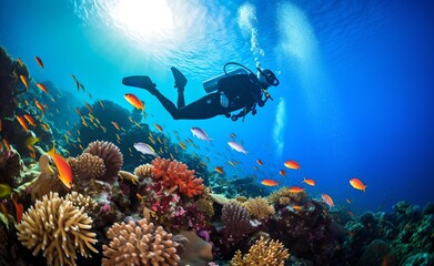 Scuba diving in tropical ocean coral reef sea under water. - obrazy, fototapety, plakaty