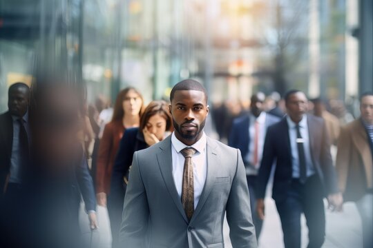 Black Businessman Walking in Modern City, Handsome Man Walks on a Crowded Pedestrian Street, African Manager Surrounded by Blur People on Busy Street. - Powered by Adobe