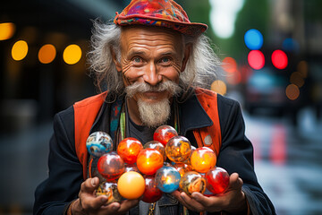 Bewildering juggler balancing pins and balls in a kaleidoscopic, street performance.