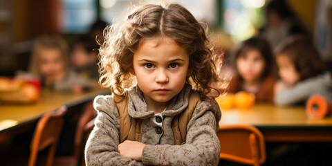 Poignant scene of a sulking child in kindergarten timeout under teacher's reprimand.