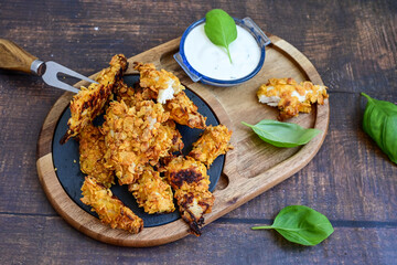 
 Crispy  deep fried   chicken strips and wedges potato. Breaded  with cornflakes chicken  breast fillets  with chilly peppers and fresh   basil on wooden rustic background