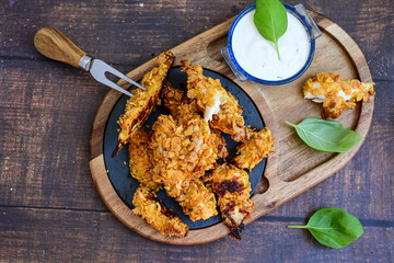 
 Crispy  deep fried   chicken strips and wedges potato. Breaded  with cornflakes chicken  breast fillets  with chilly peppers and fresh   basil on wooden rustic background