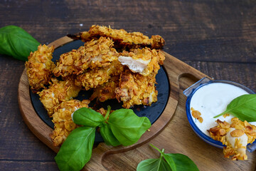 
 Crispy  deep fried   chicken strips and wedges potato. Breaded  with cornflakes chicken  breast fillets  with chilly peppers and fresh   basil on wooden rustic background