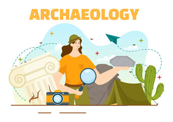 Archeology Vector Illustration with Archaeological Excavation of ancient Ruins, Artifacts and Dinosaurs Fossil in Flat Cartoon Hand Drawn Templates