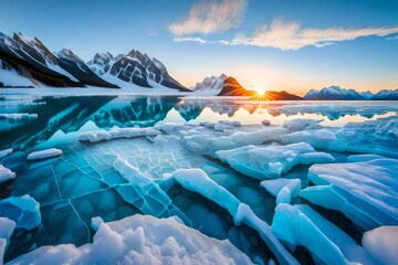 Colorful winter sunrise over the crystal blue ice of frozen Abraham Lake, Alberta, Canadian Rockies. The transparent cracked blue ice is shining through the sunlight