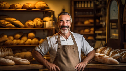 Boulanger en tenue de travail, souriant et heureux dans sa boulangerie