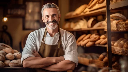 Photo sur Aluminium Boulangerie Boulanger en tenue de travail, souriant et heureux dans sa boulangerie