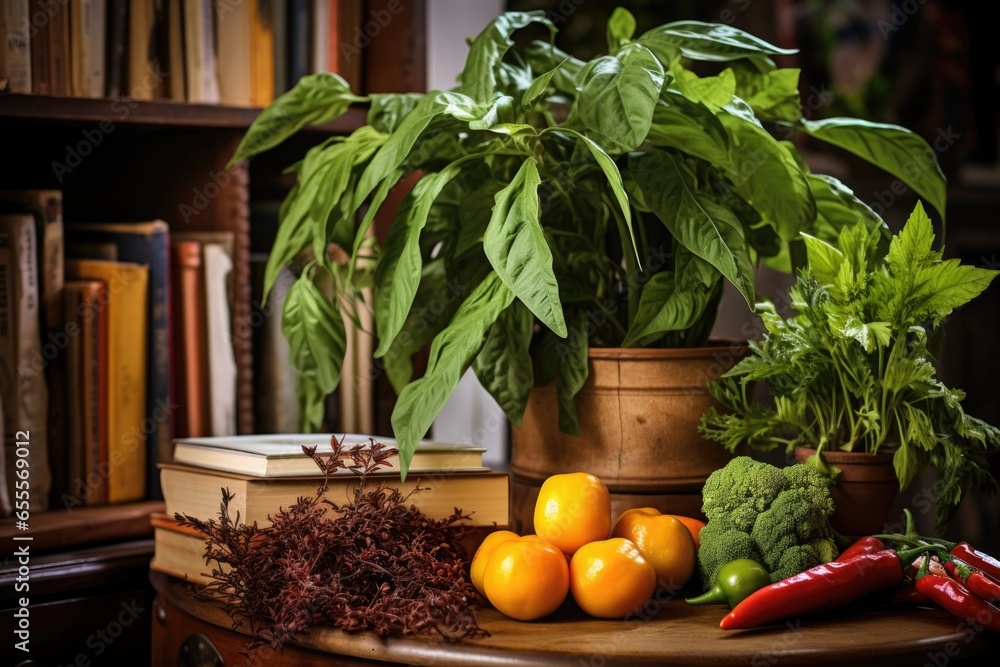 Sticker chili plant near a cookbook and fresh vegetables