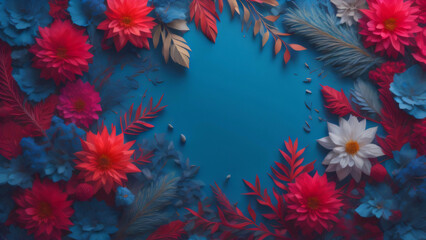 Winter background in blue with pink, purple, and blue flowers, and a center filled with cool colors.