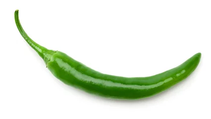 Foto auf Acrylglas green hot chili pepper isolated on white background. macro. clipping path. top view © Tatiana