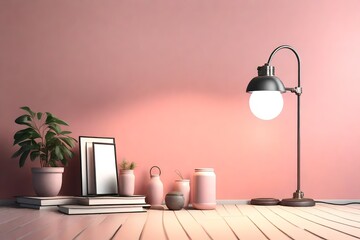 Lamp and beautifull home room decorate  on brick light pink  wall background