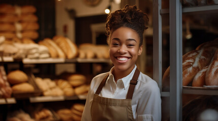 Boulangère en tenue de travail, souriante et heureuse dans sa boulangerie