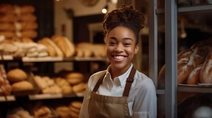 Papier peint adhésif Boulangerie Boulangère en tenue de travail, souriante et heureuse dans sa boulangerie