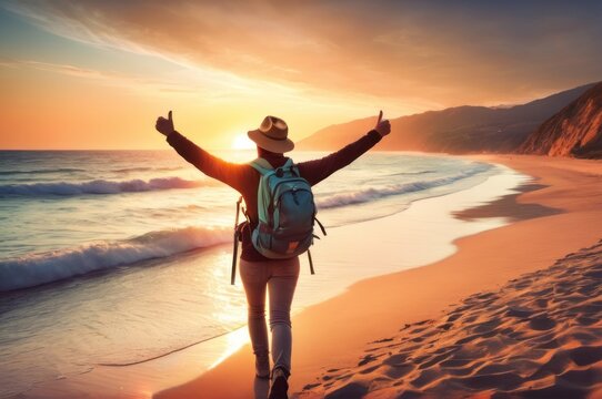 Happy traveler enjoying freedom standing at the beach - Cheerful hiker with backpack raising hands up at sunset - Wellbeing, happiness, summer holidays and travel concept