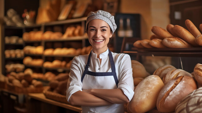 Boulangère en tenue de travail, souriante et heureuse dans sa boulangerie