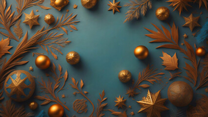 Christmas background in blue with gold and blue ornaments alluding to winter.