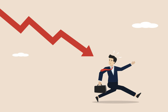 Business failure, investment loss or stock market crash, economic crisis, investment risk, failed businessman running away from falling arrow graph. Businessman illustration.