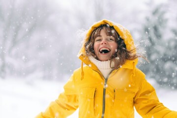 Fictional smiling woman in a yellow jacket in winter weather.