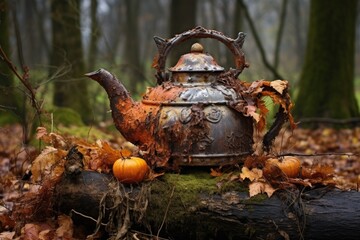 an old metal teapot on a rotten stump, surrounded by autumn leaves