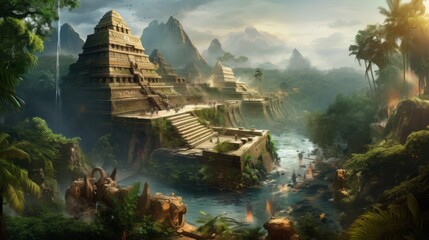 Ancient Mayan City with pyramids - obrazy, fototapety, plakaty