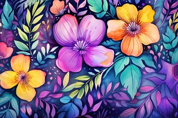 Watercolor floral background with colorful flowers and leaves. Hand drawn illustration, Background of leaves and flowers in watercolor, AI Generated