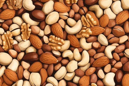 Seamless background with nuts. illustration for your design. Background illustration of various natural fresh nuts, AI Generated