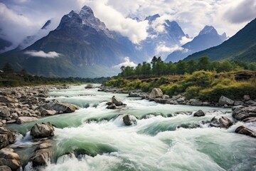 Mountain river in the Himalayas, Nepal. The concept of active and photo tourism, Baishui River...