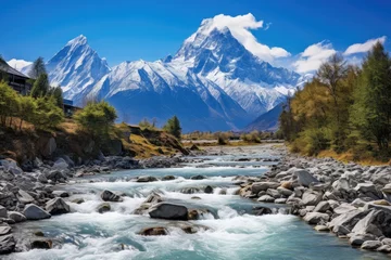 Crédence en verre imprimé Himalaya Mountain landscape with river and blue sky in Himalayas, Nepal, Baishui River Baishui Tai or White Water River at Jade Dragon Snow Mountain Yulong mountain in Yunnan, China, AI Generated