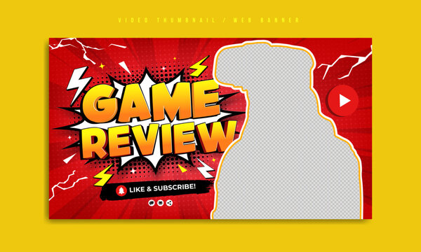 Game review social media video thumbnail and web banner template. Sports technology or online vr gaming business marketing flyer. Cyberspace background by sunlight rays, thunder and halftone pattern.
