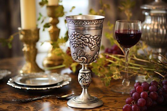 silver kiddush wine cup on a decorated table