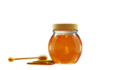 jar of honey with wooden dipper 3D rendering