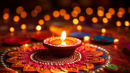 Obraz na płótnie Canvas Happy Diwali background with beautiful Diya and colorful rangoli - ai generative